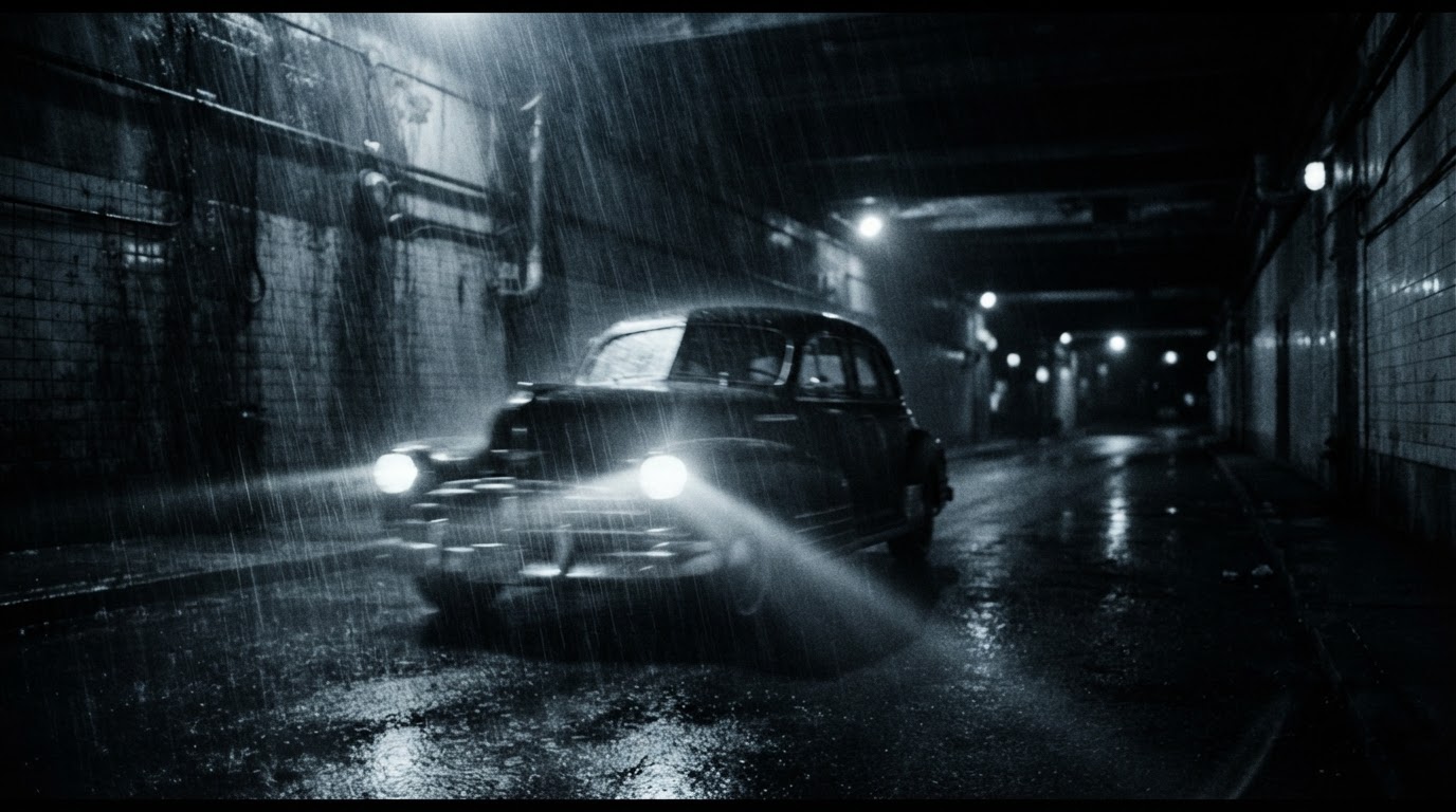 Black and white film still of car headlights cutting through rain in an underpass