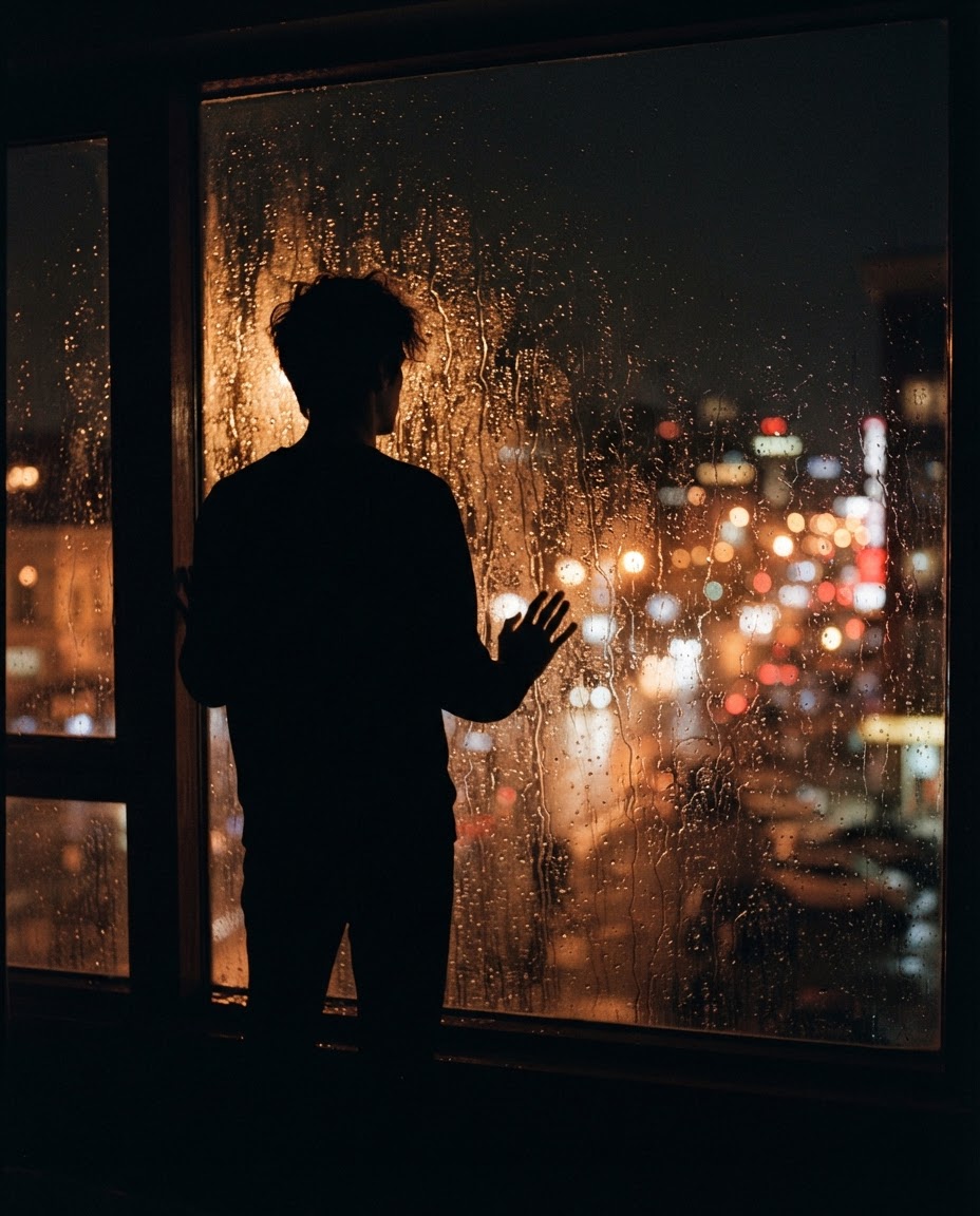 Silhouette behind a rain-covered window at night