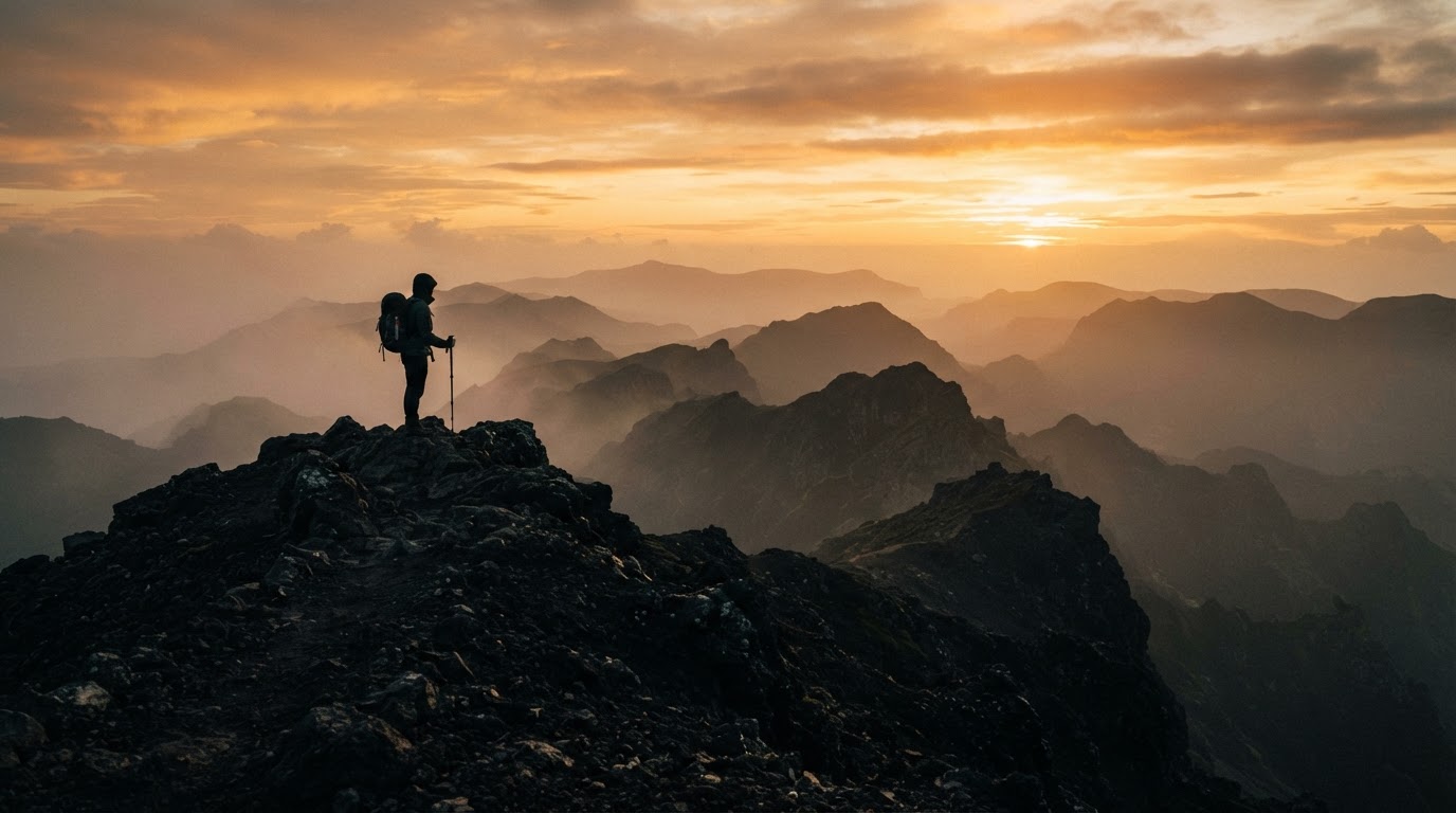 Silhouetted traveler on a volcanic ridge at sunrise