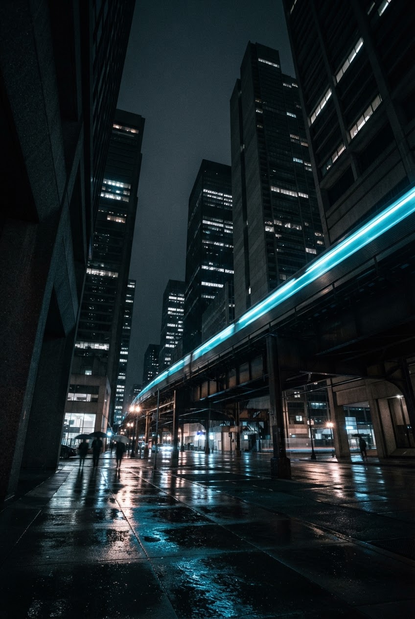 Night city towers and rail lines with blue light trails
